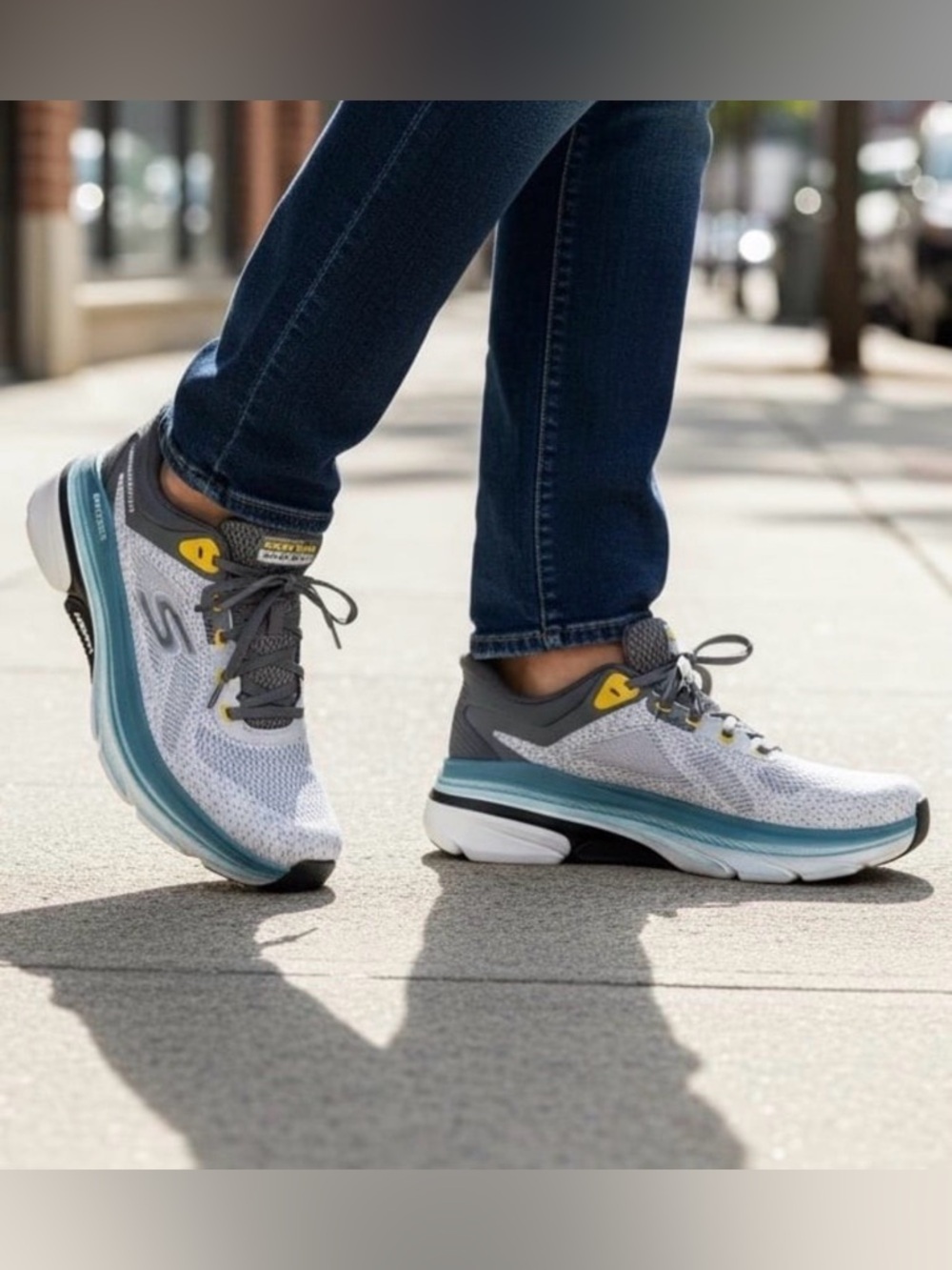 Men’s Skechers Gray, Teal & Yellow Cushioned Arch Support Sneakers